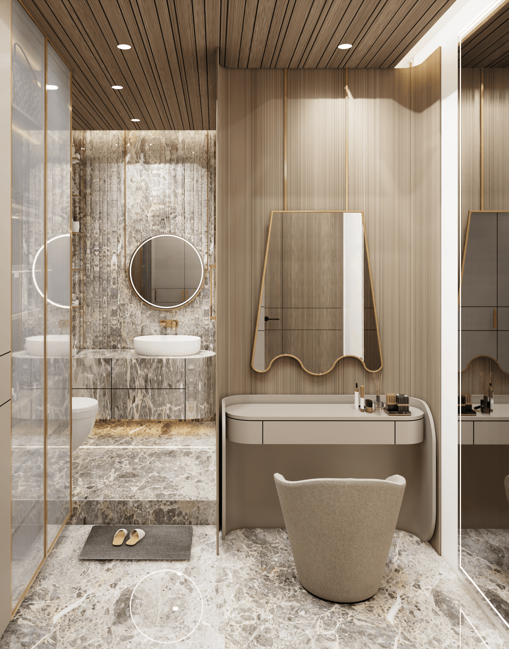 Bathroom interior with marble, timber and a sculptural vanity
