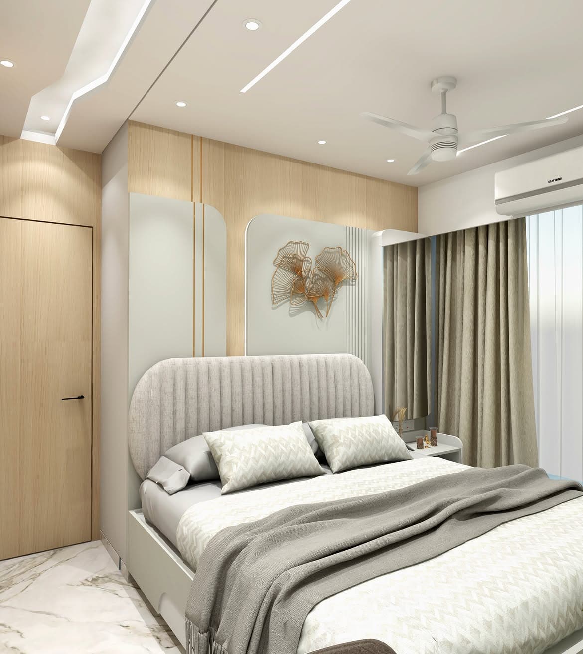 Bedroom render with a floral mural, upholstered bed and custom cabinetry