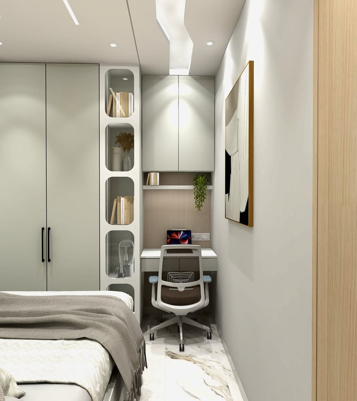 Bedroom render with integrated wardrobes and a softly lit ceiling detail