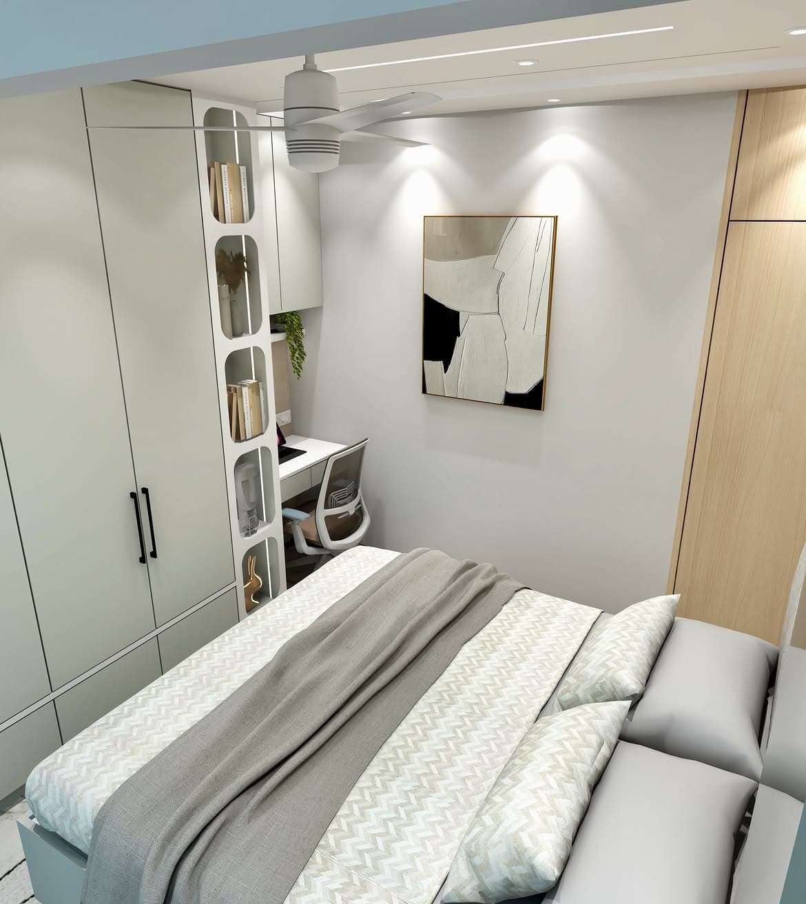 Bedroom render with a layered mural wall, bedside storage and warm light