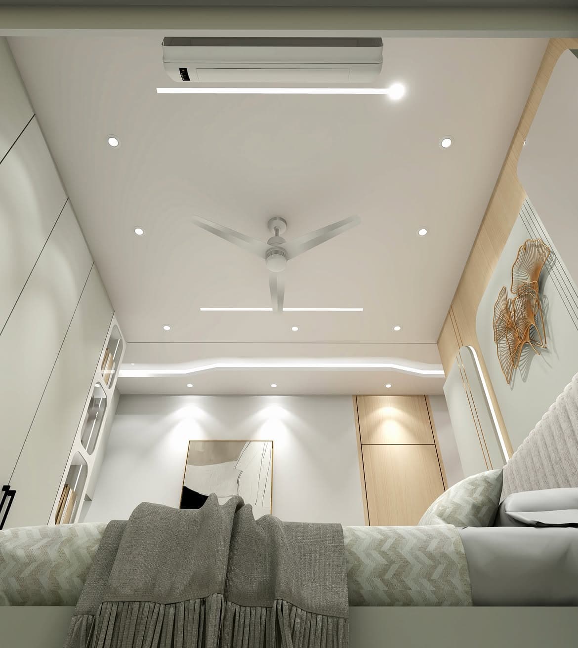Bedroom render with sliding wardrobes, fluted panels and patterned finishes