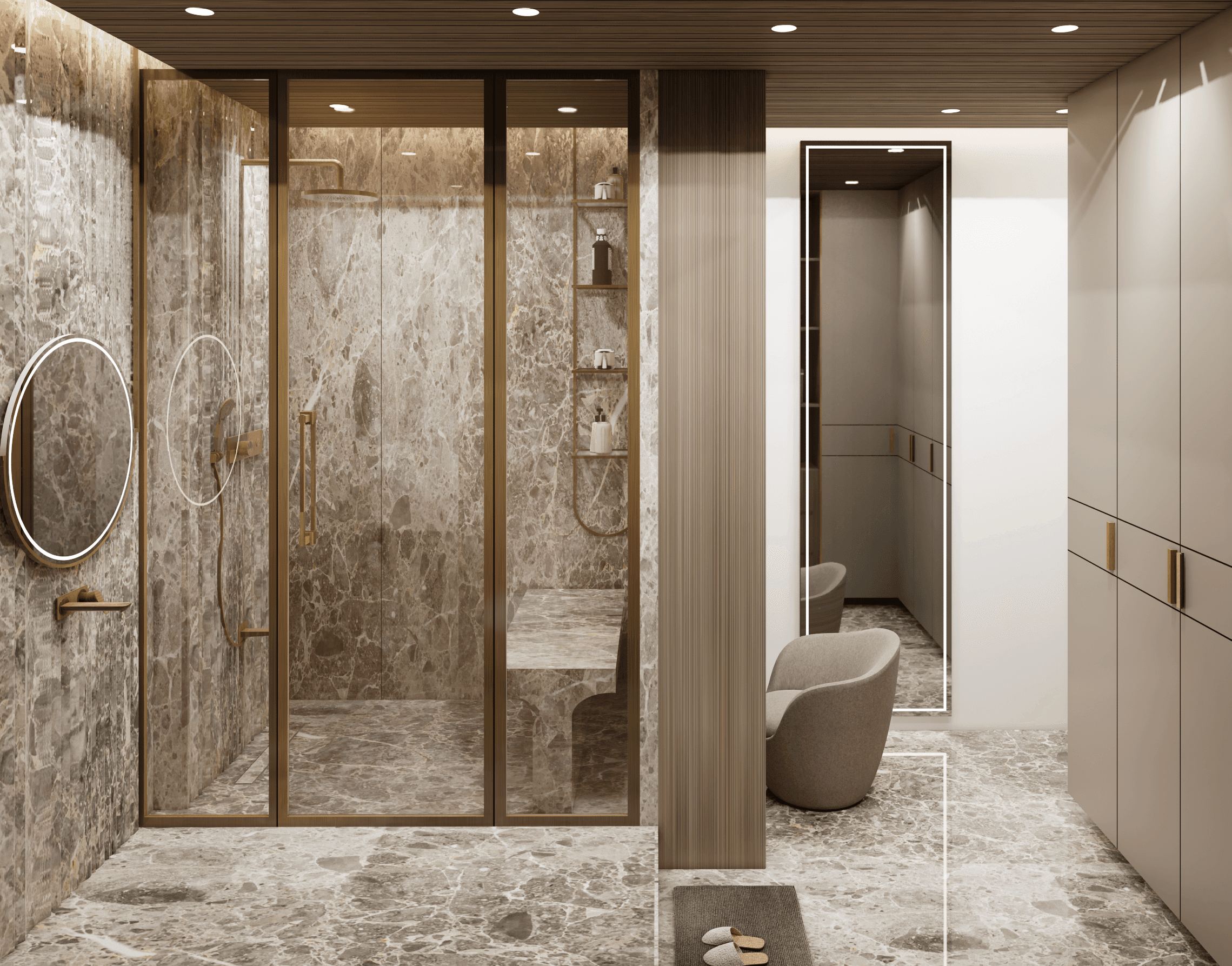 Marble bathroom with an integrated wardrobe and full-height mirror
