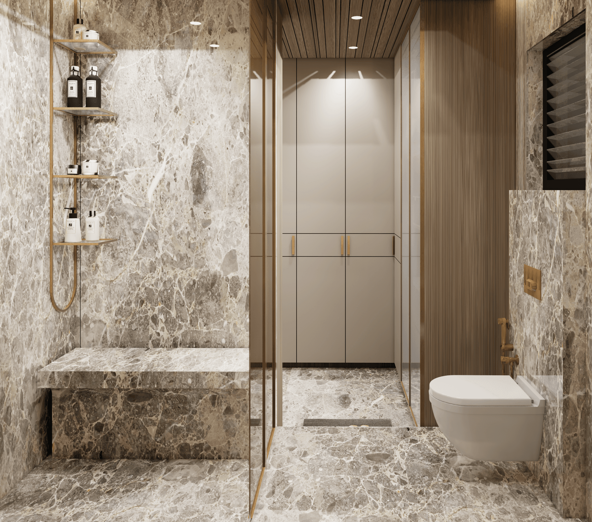 Bathroom detail with open shelving, stone and brushed metal