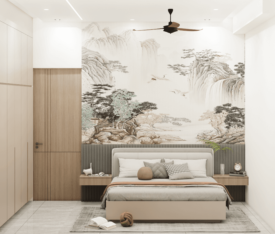 Bedroom with a scenic mural, integrated wardrobes and warm timber details