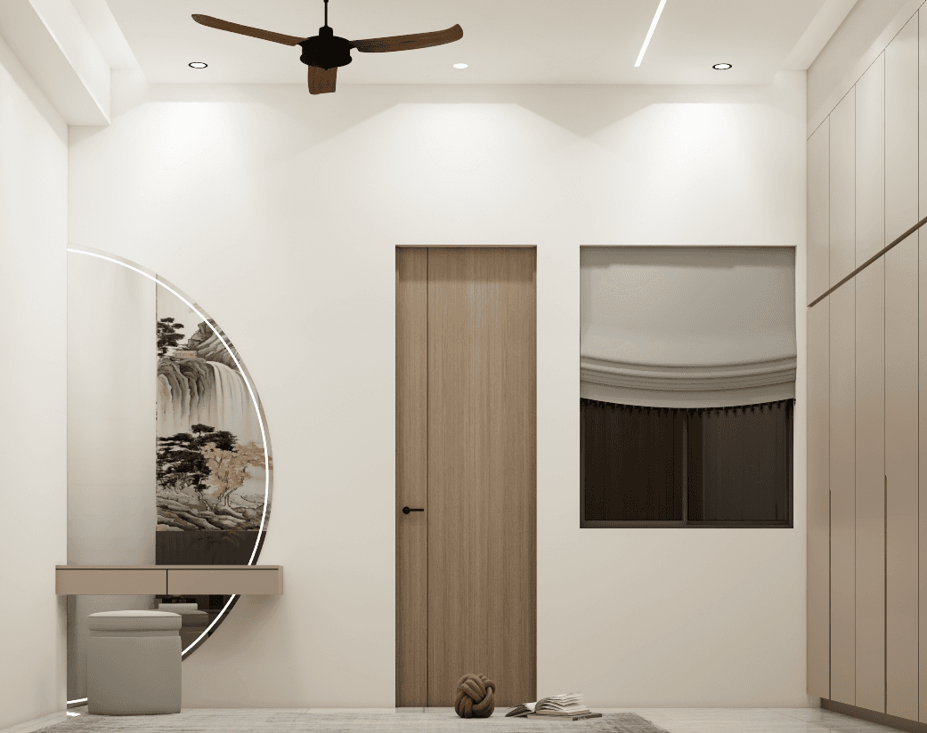 Bedroom dressing area with a round mirror, timber door and concealed storage