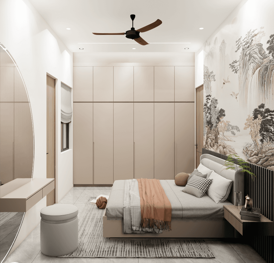 Bedroom with a soft upholstered bed, mural wall and full-height wardrobes