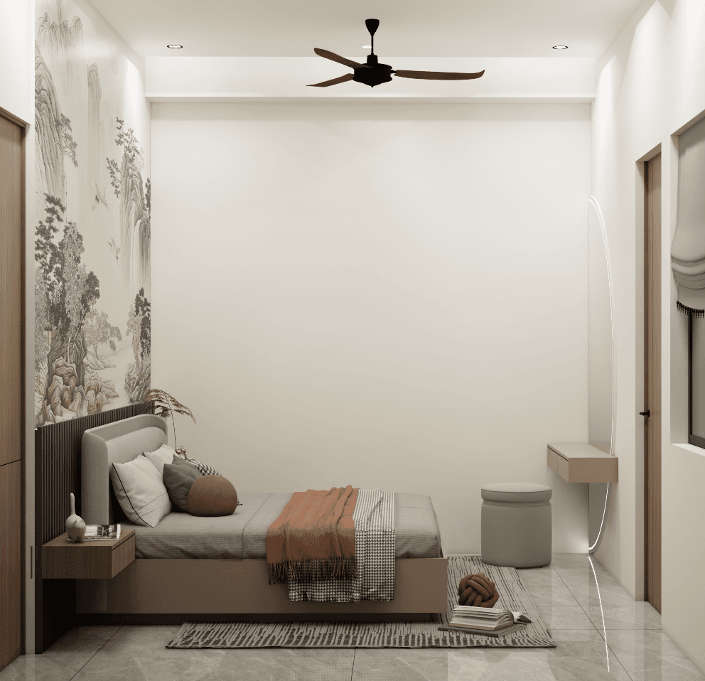 Quiet bedroom composition with a mural wall, floating console and soft light