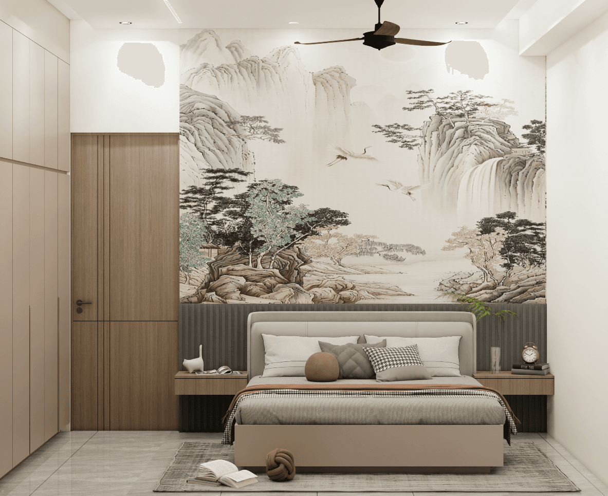 Bedroom with a layered mural backdrop, integrated storage and warm bedside lighting