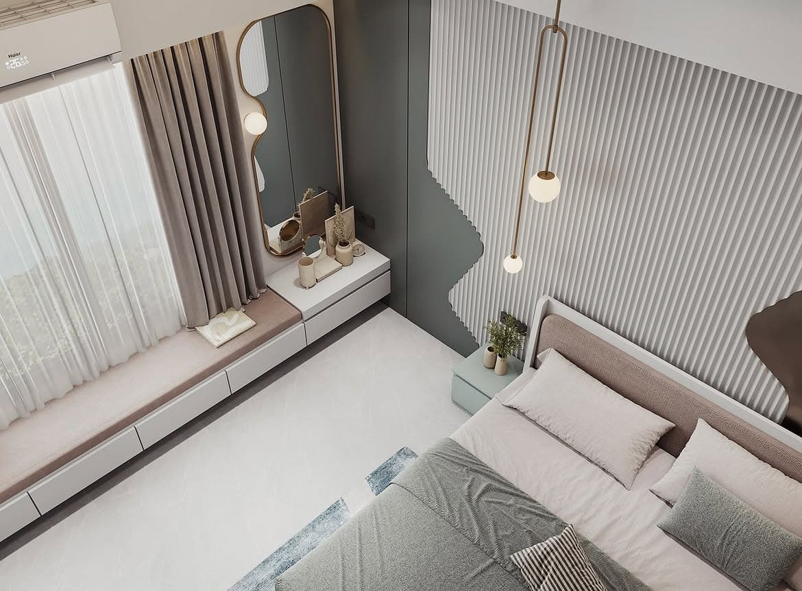 Bedroom with a fluted feature wall, upholstered bed and window seat