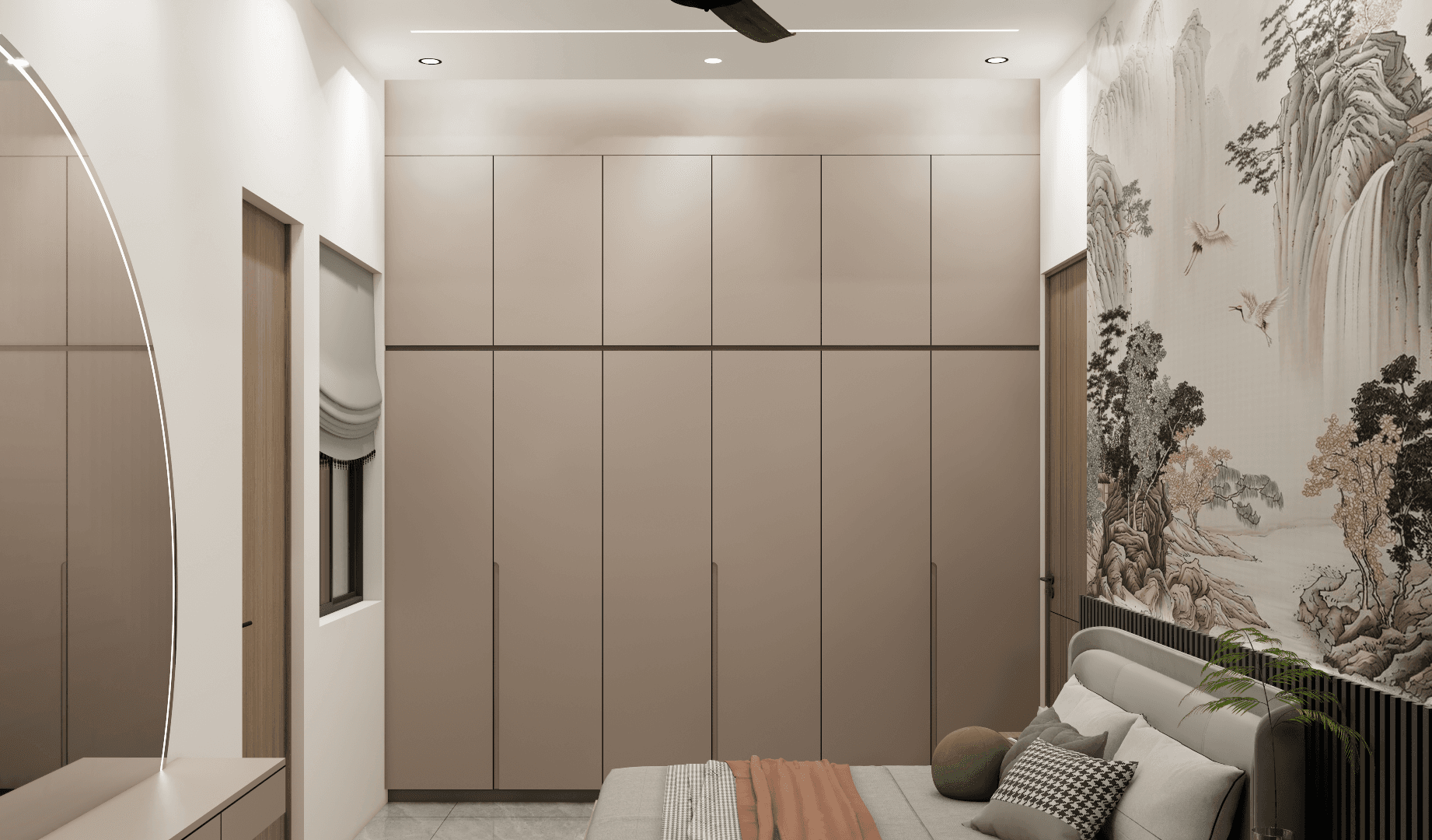 Close interior detail of custom wardrobes, a mural wall and a finished bedroom