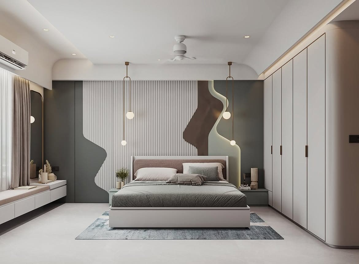 Bedroom with a sculptural feature wall, integrated storage and soft lighting