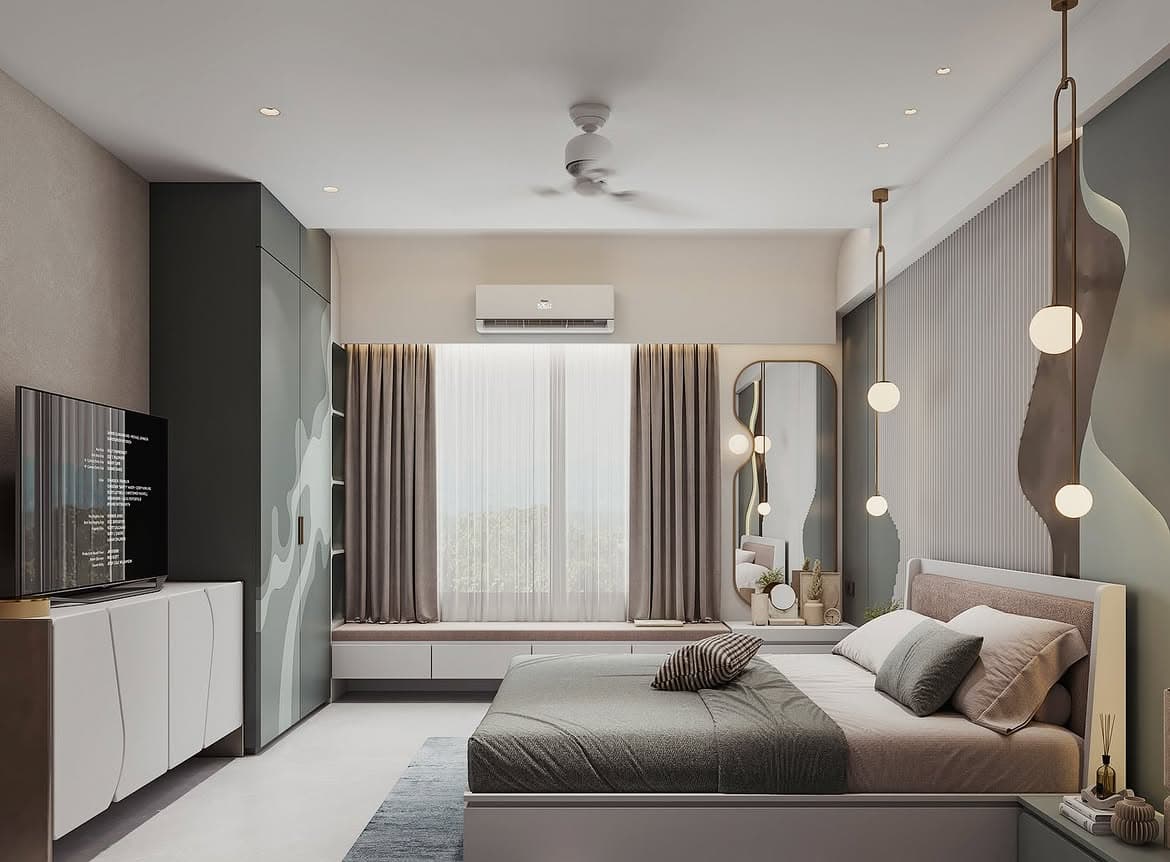 Bedroom with a textured wall, custom bed and full-height wardrobe