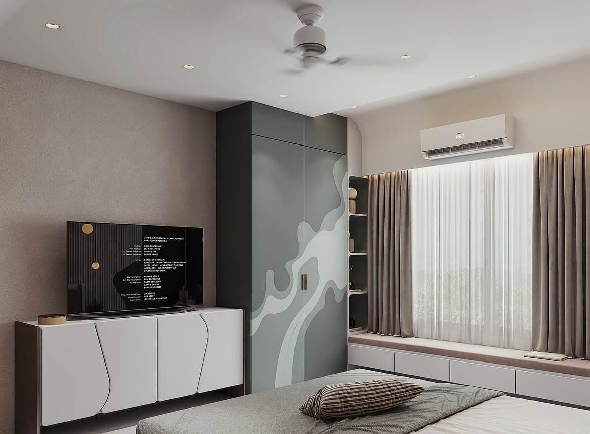 Bedroom with a layered media wall, curved detailing and warm joinery