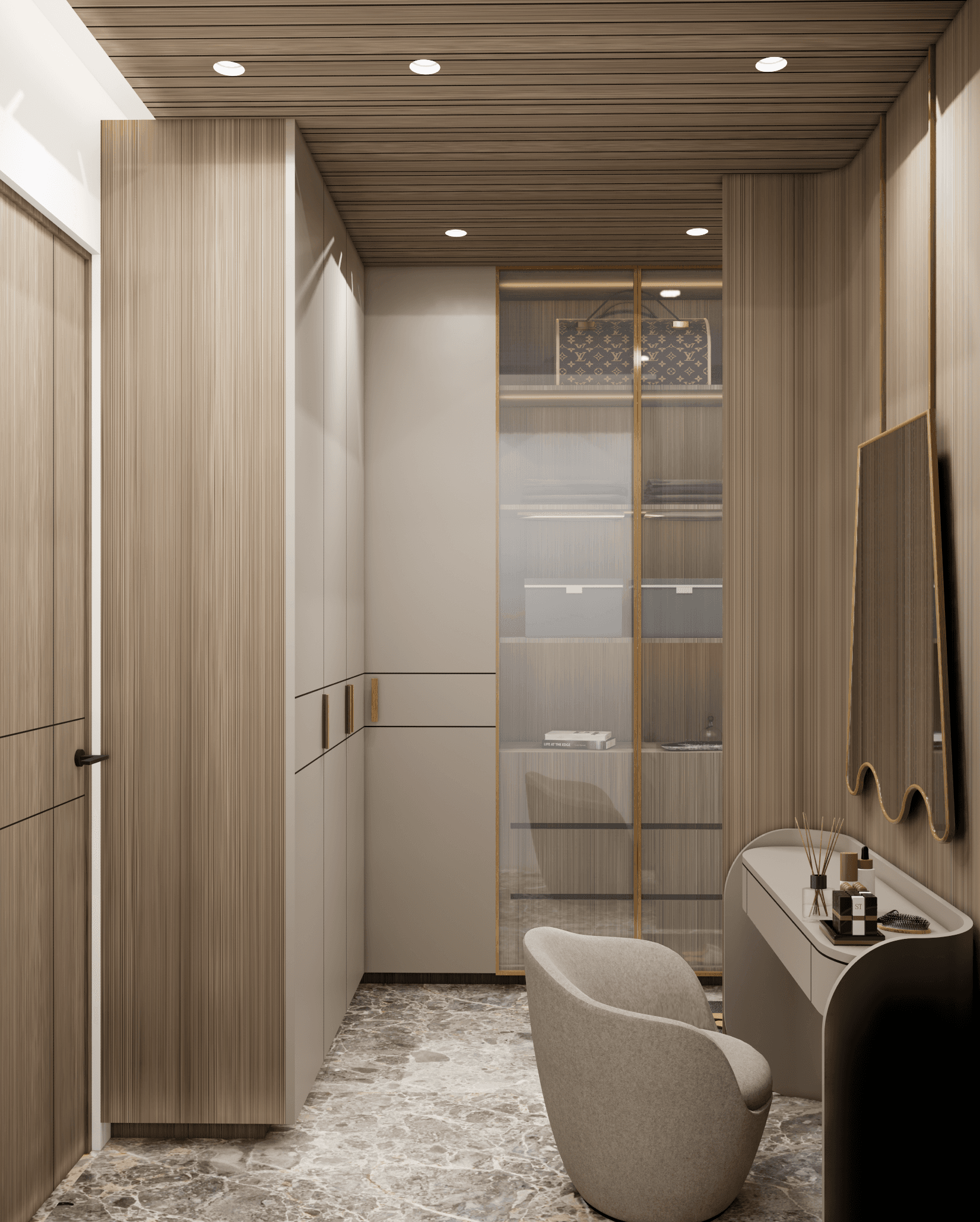 Dressing room with fluted joinery, glass storage and a curved vanity