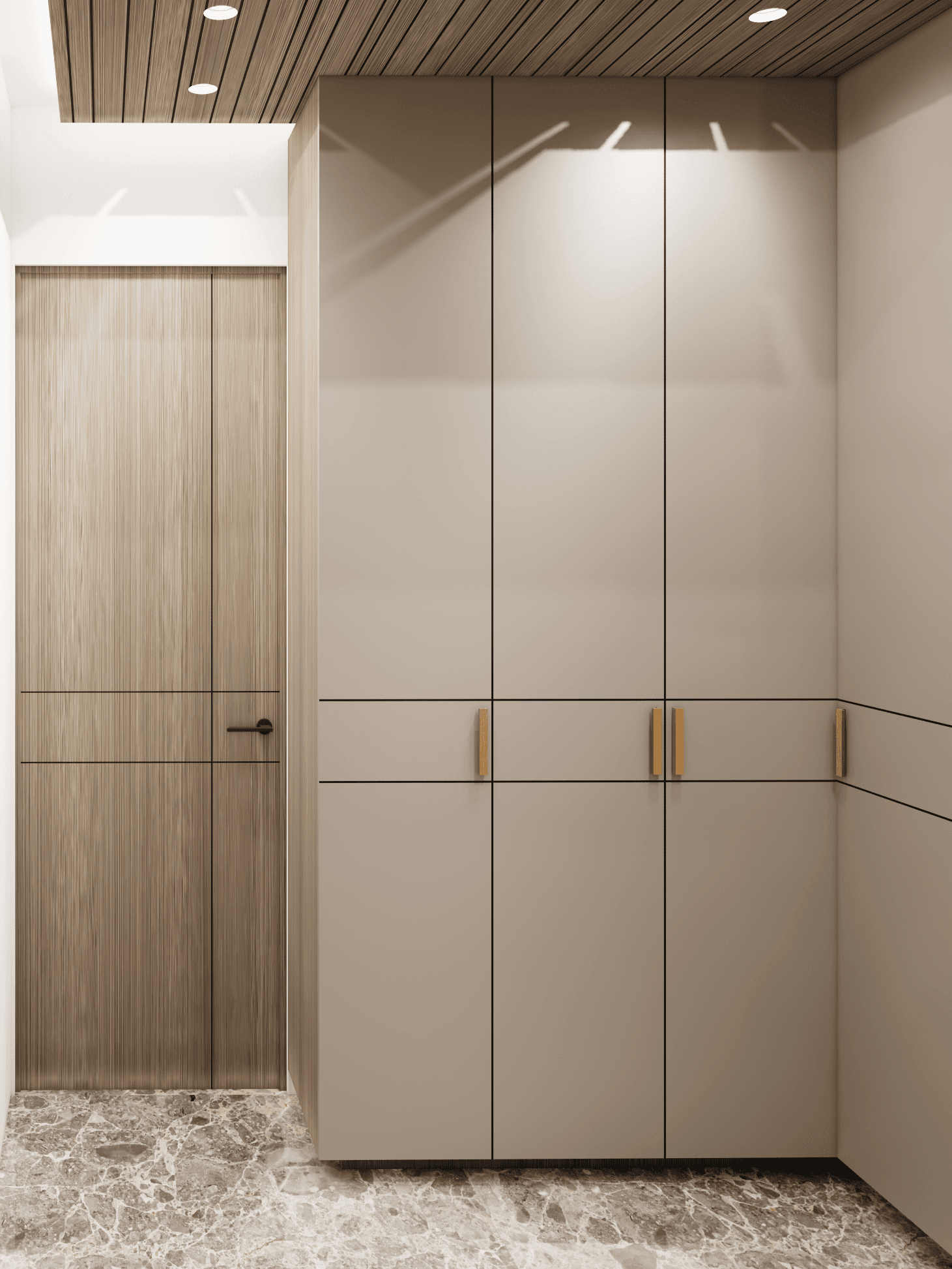 Quiet wardrobe wall with timber door and warm stone flooring