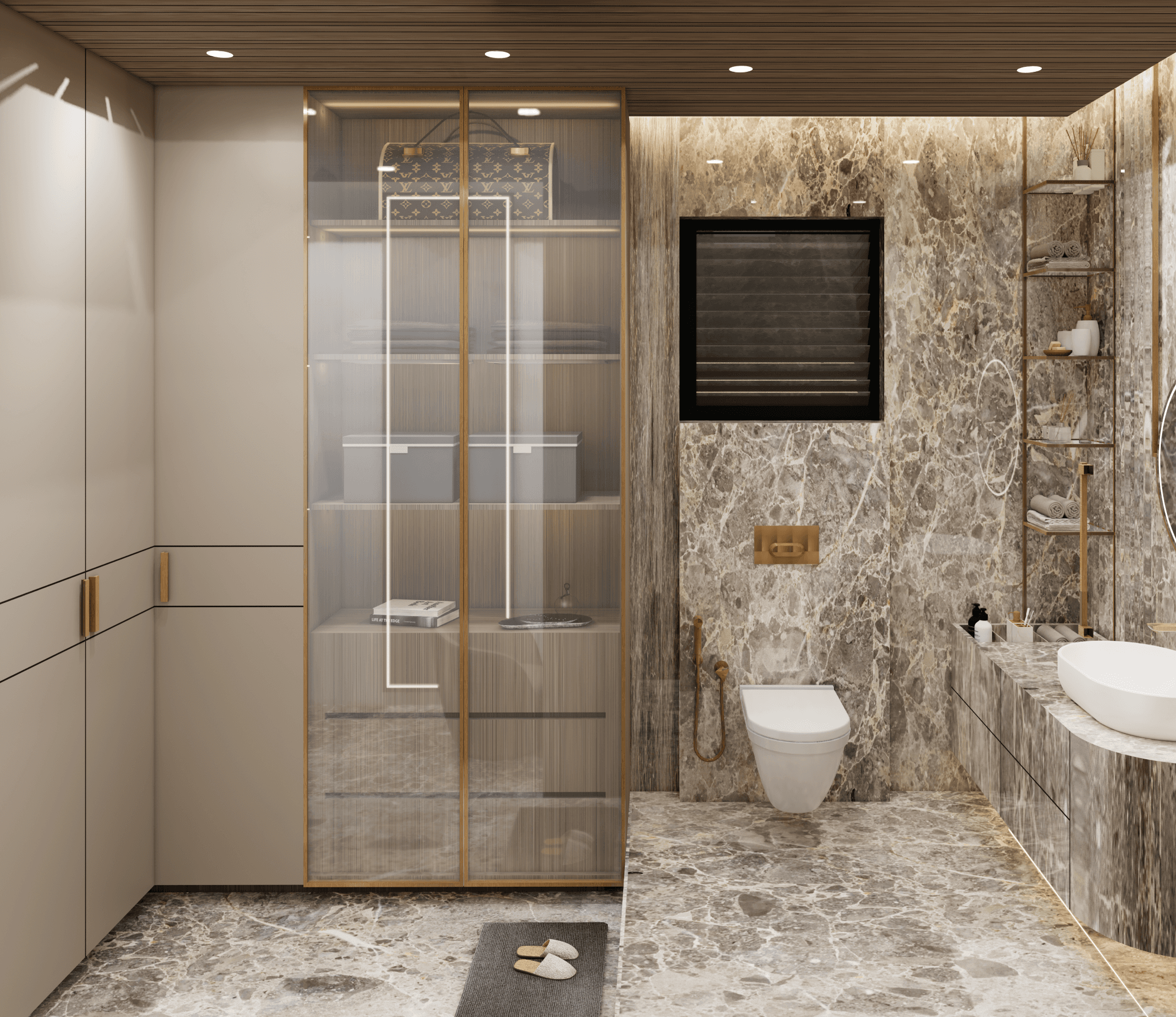 Bathroom with a glass wardrobe, stone wall and concealed storage