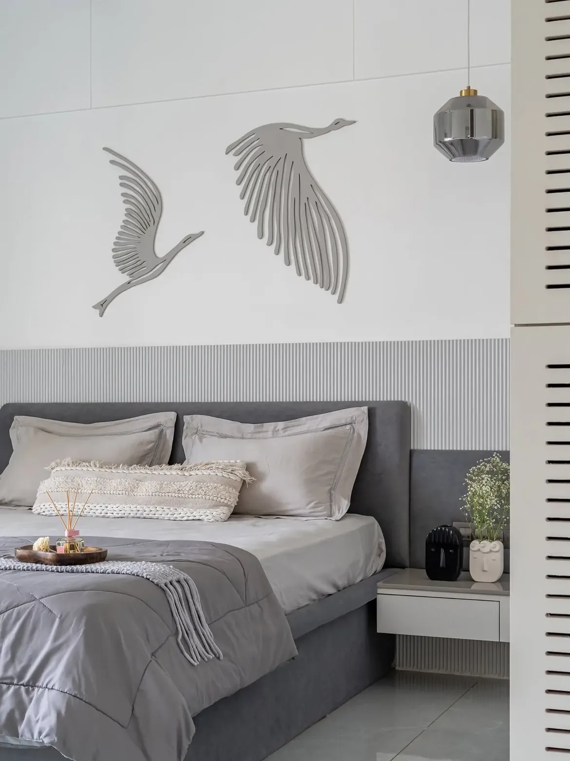 Bedroom render with a mural backdrop, custom storage and layered textiles