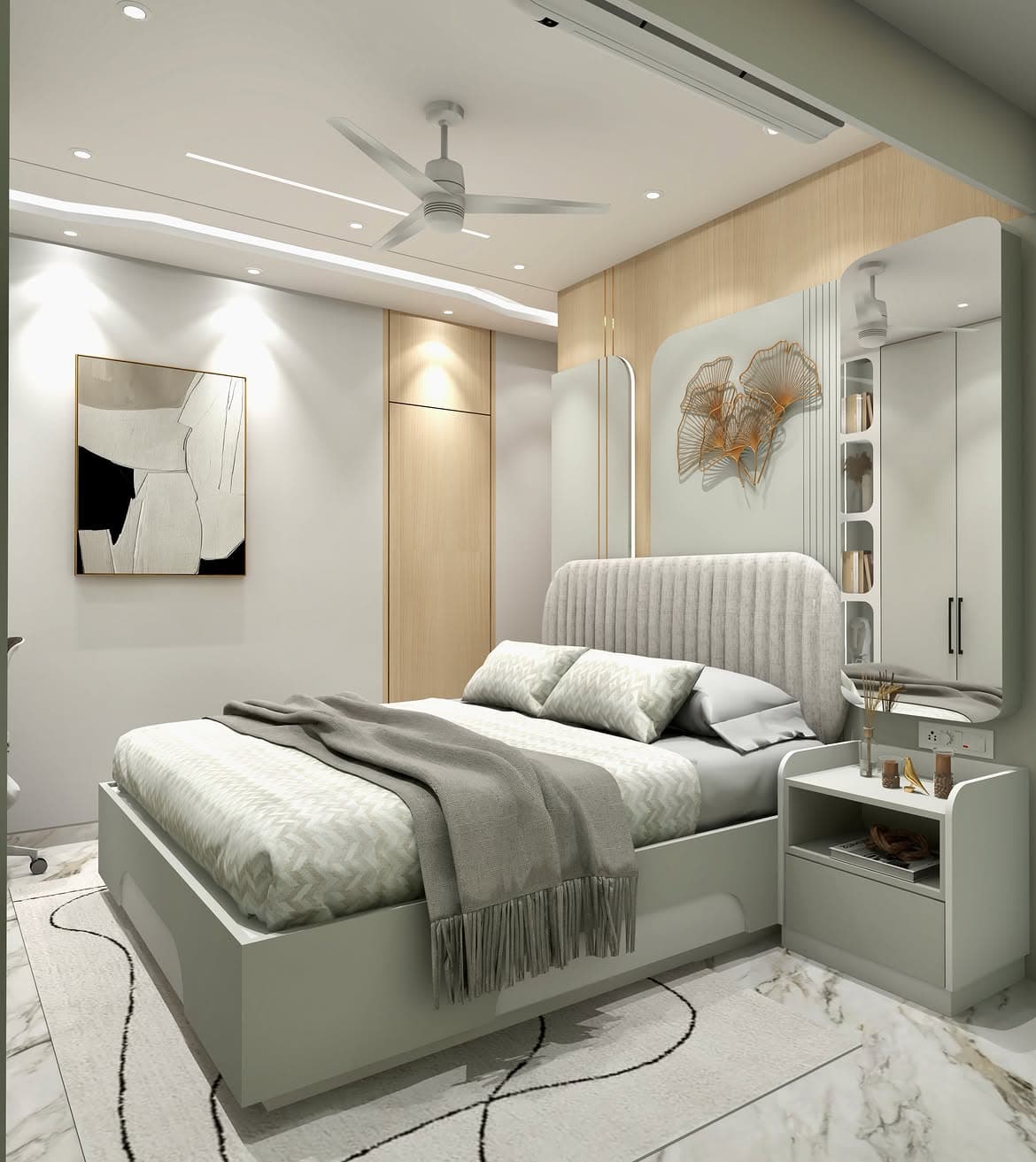Bedroom render with a sculptural headboard and integrated storage