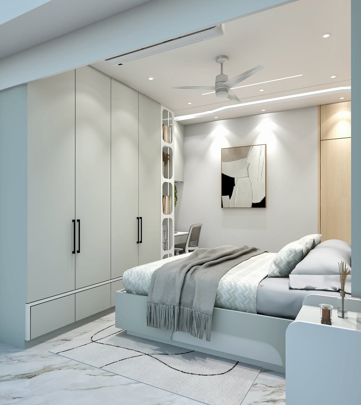 Bedroom render with custom wardrobes, layered lighting and soft materials