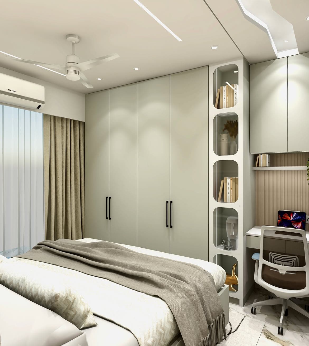 Bedroom render with a textured feature wall and warm timber joinery